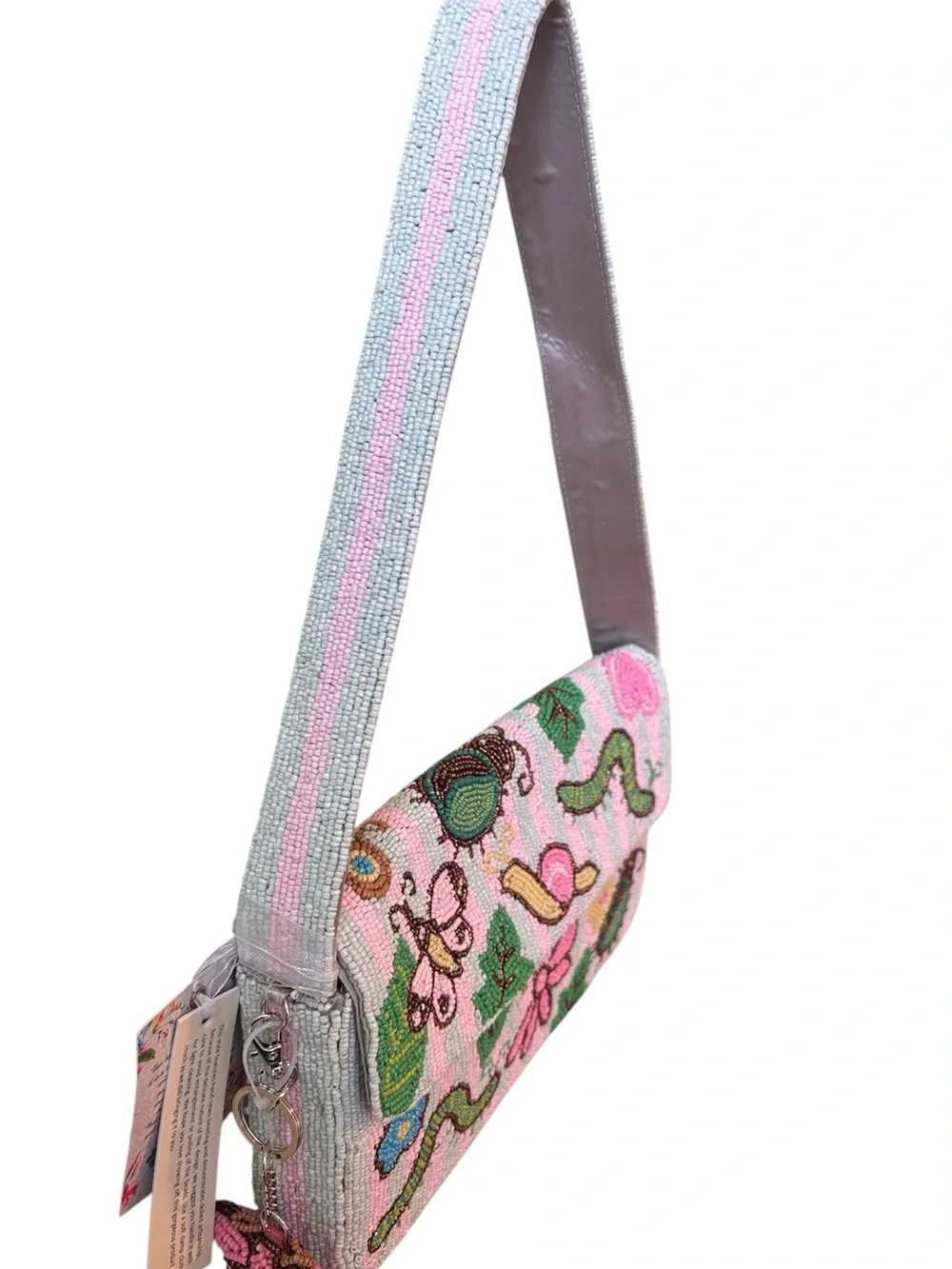 Pink & Mint Green Beaded Garden Insect Motif Shoulder Bag - Picture 4 of 7